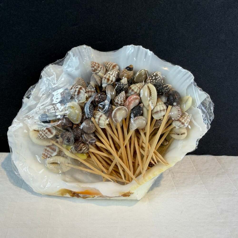 Shell Toothpicks For Appetizers in larger shell. Vintage party item